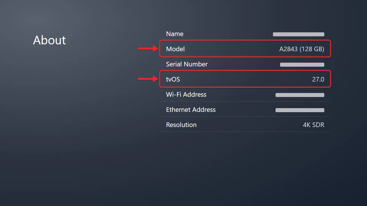 How to Update the Apple TV 1 Apple TV About screen with model and tvOS version
