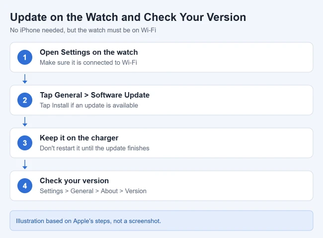How to Update Your Apple Watch (and Check Your watchOS Version) 2 Illustration of steps to update watchOS directly on Apple Watch and check the version: open Settings, tap General then Software Update, keep it charging, then check General then About