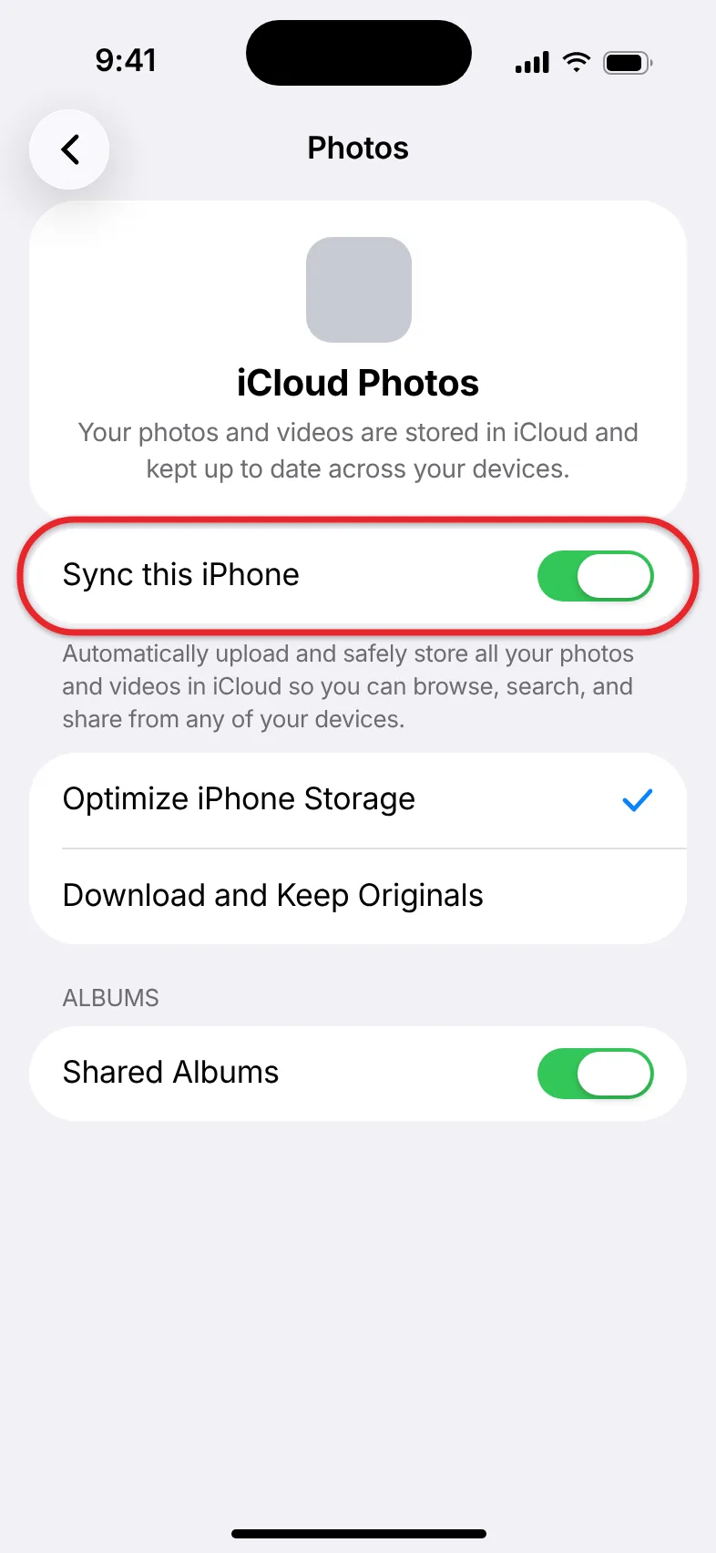 How to Upload Pictures to the Cloud From a Computer, iPhone, or Android 1 iCloud Photos settings on an iPhone with the Sync this iPhone switch turned on