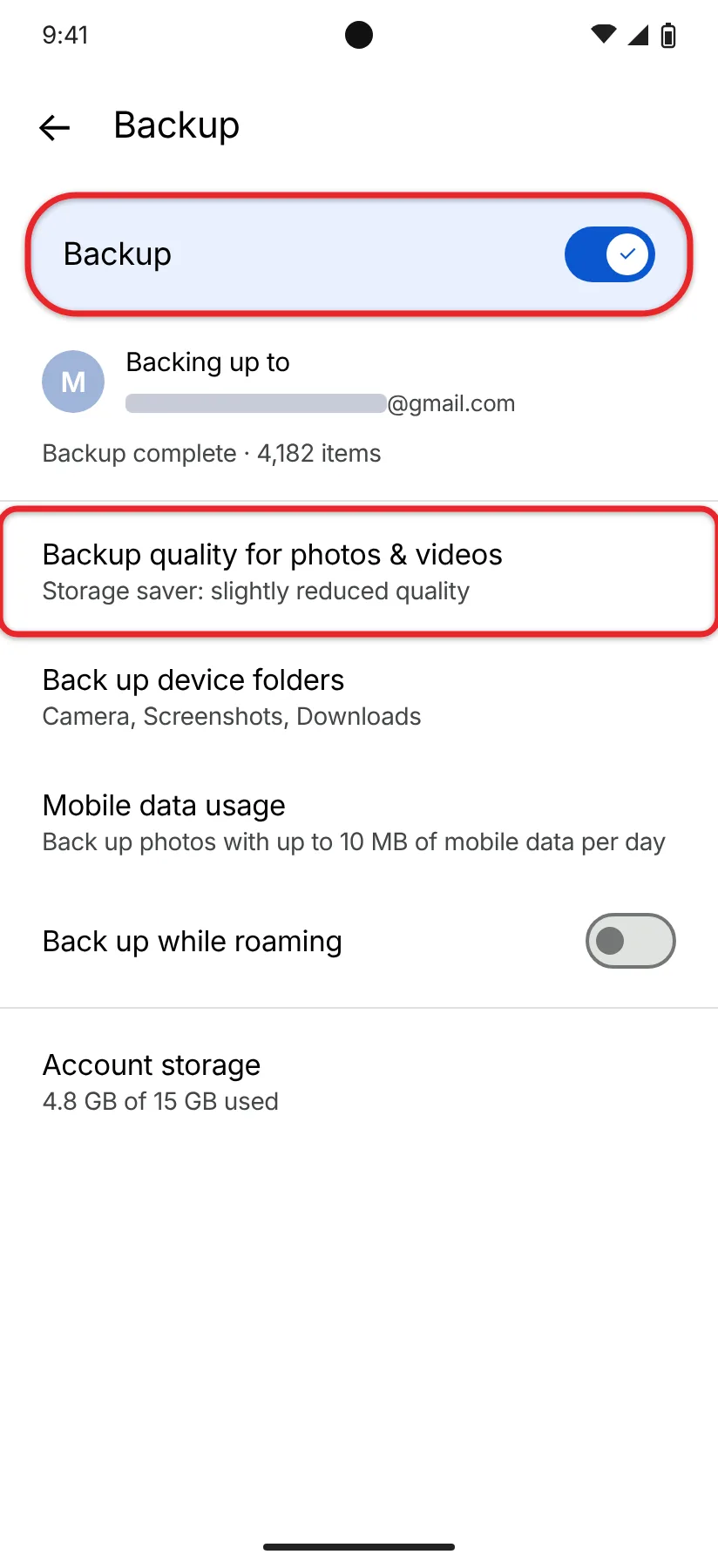 How to Upload Pictures to the Cloud From a Computer, iPhone, or Android 2 Google Photos Backup settings on Android with Backup turned on