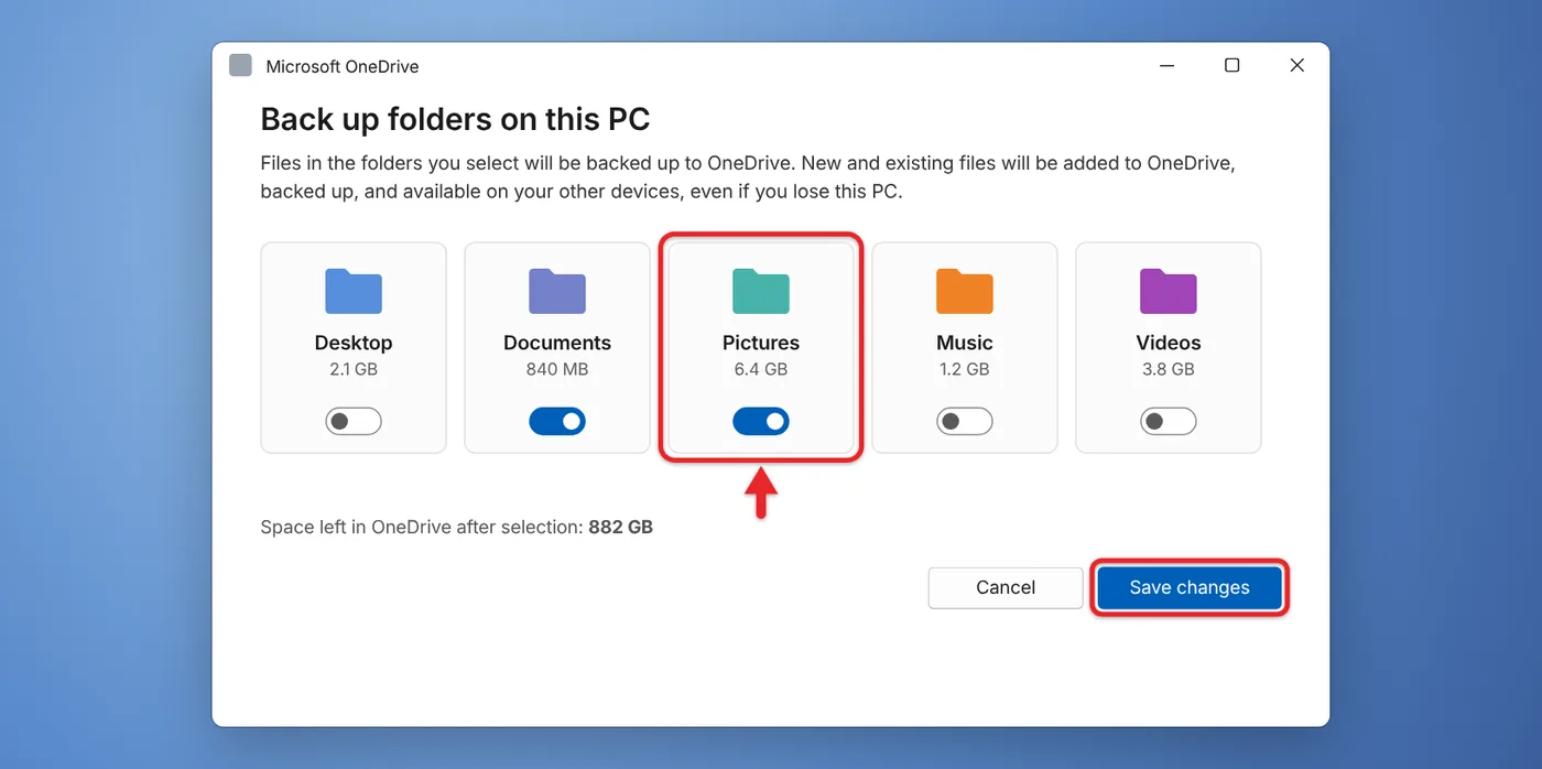 How to Upload Pictures to the Cloud From a Computer, iPhone, or Android 4 OneDrive Manage backup window with the Pictures folder turned on