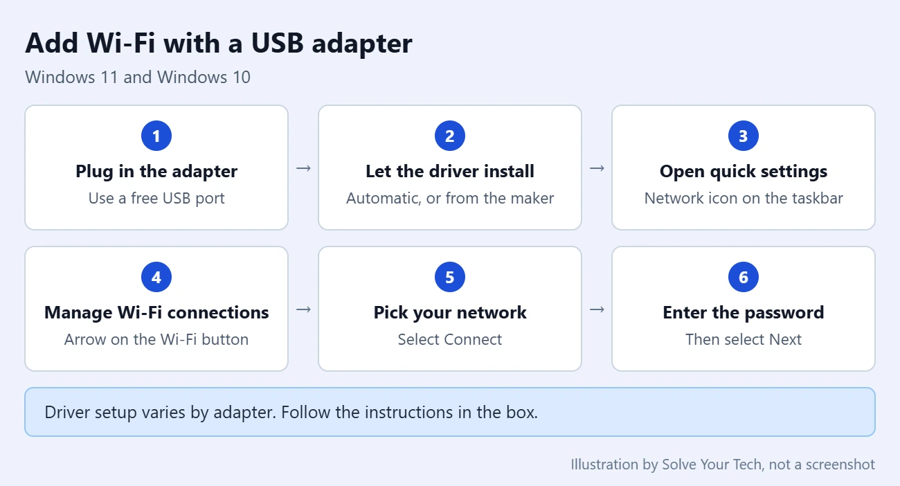 How to Connect a Non-Wireless Computer to a Wireless Network 2 Six steps to connect a desktop computer without Wi-Fi to a wireless network using a USB Wi-Fi adapter in Windows