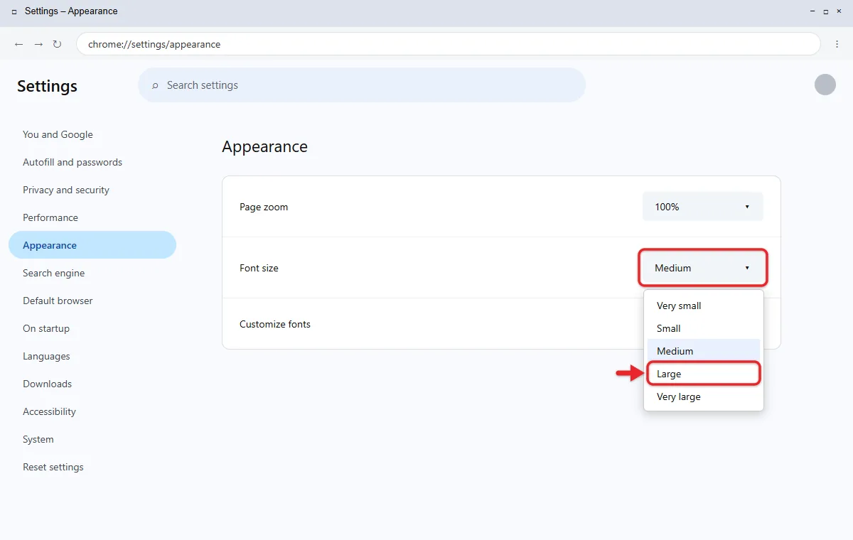 How to Use a Bigger Default Font Size in Google Chrome 1 Chrome Appearance settings with the Font size list open and Page zoom below
