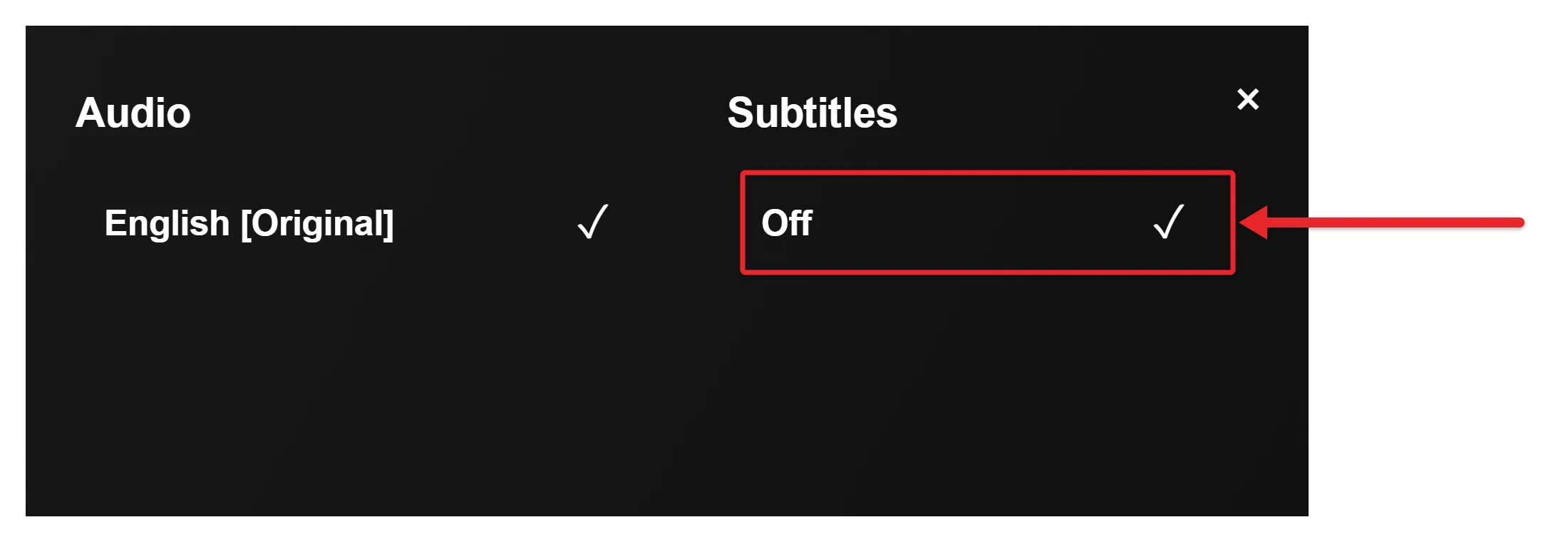 How to Watch Netflix on iPad 2 Recreated Netflix Audio and Subtitles panel with English Original and subtitle Off checked, with Off outlined in red