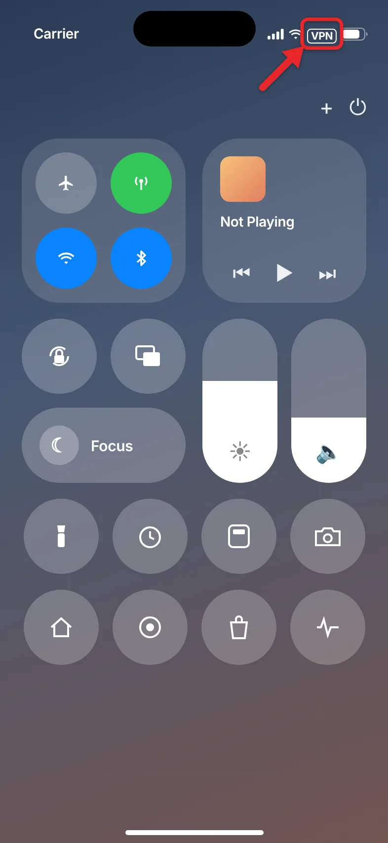 What Does VPN Stand For on an iPhone? (And How to Turn It On or Off) 1 iPhone Control Center with the VPN icon shown in the status bar