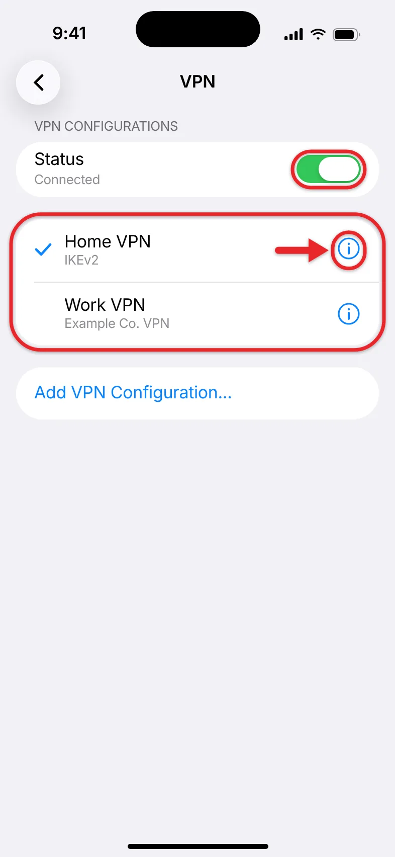 What Does VPN Stand For on an iPhone? (And How to Turn It On or Off) 3 iPhone VPN settings screen with the Status switch and a saved VPN configuration