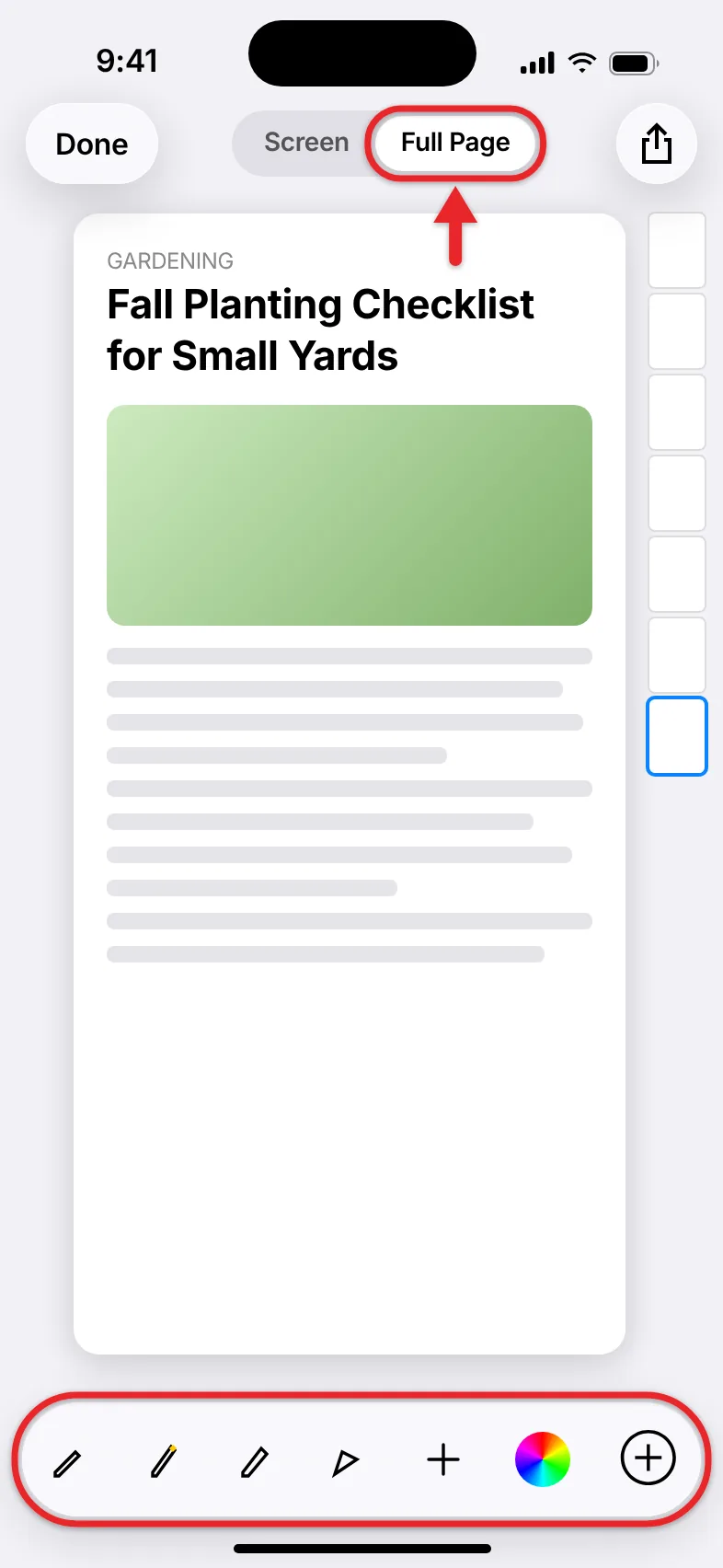 What Is a Screenshot and How Do I Take One? 3 iPhone screenshot preview with markup tools and a Full Page option in iOS 26