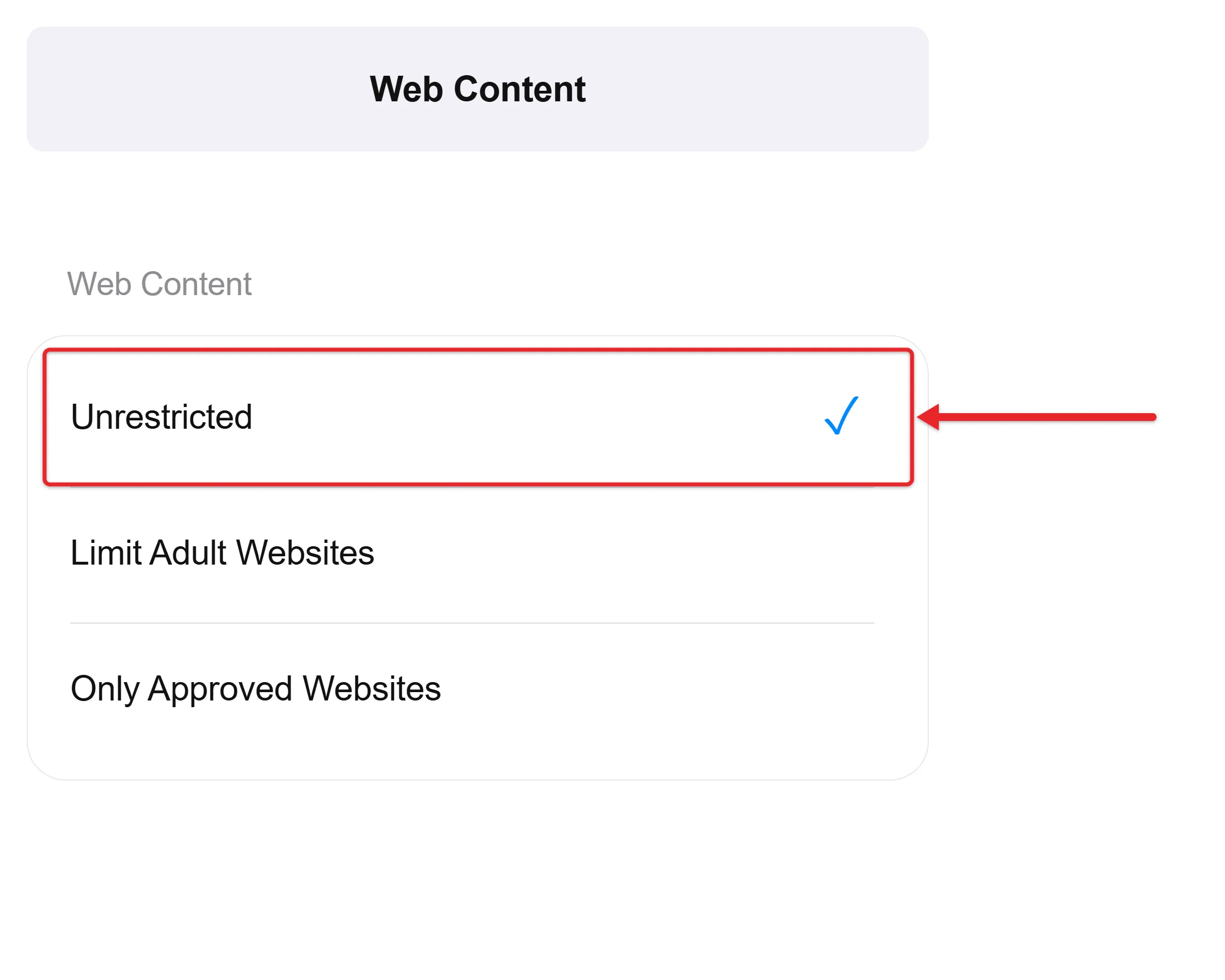 Why Can't I Create a Private Browsing Tab in Safari on My iPhone? 4 Recreated cropped Screen Time Web Content selector with Unrestricted selected and Limit Adult Websites and Only Approved Websites below it