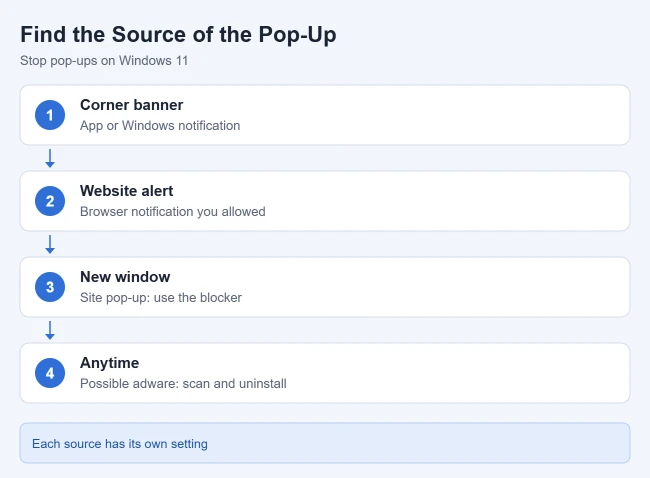 How to Stop Pop-Ups on Windows 11 1 Illustration of the four common sources of pop-ups on Windows 11