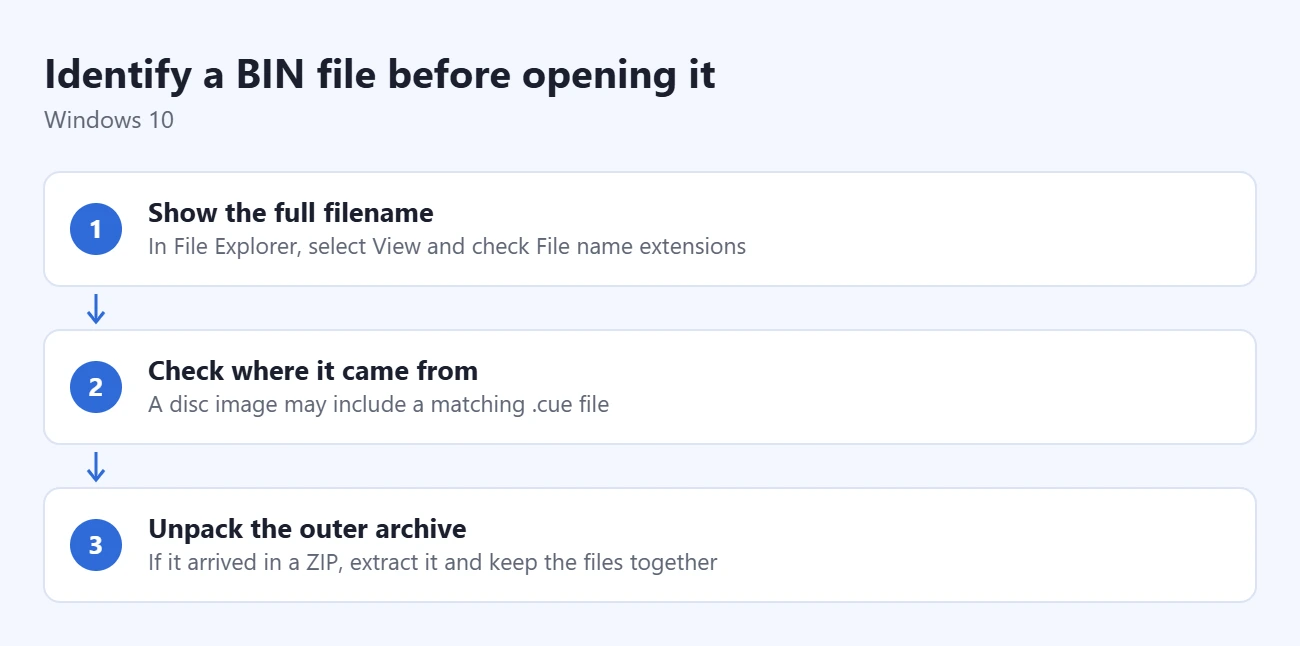 How to Open a BIN File in Windows 10 1 Steps to identify a BIN file before opening it: show the full filename, check where it came from, unpack the outer archive