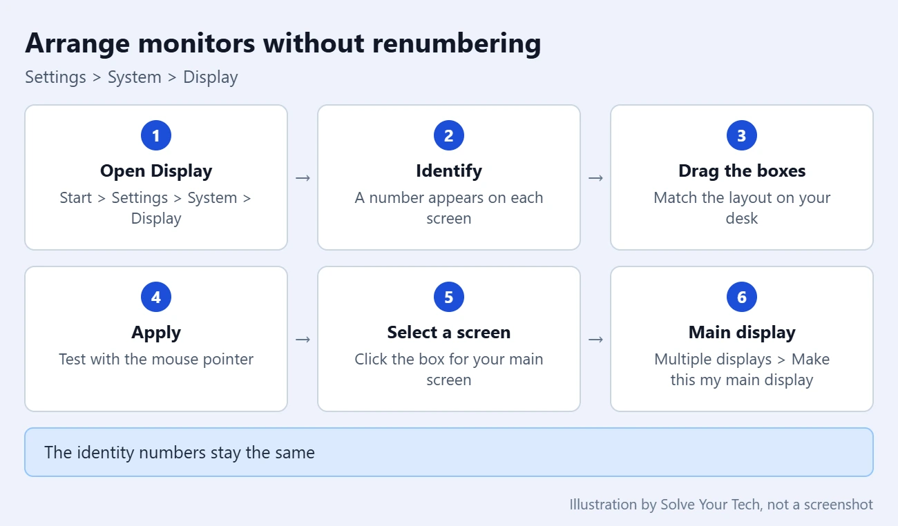 Can You Change Monitor Identity Numbers in Windows 11? 2 Step card showing the path in Windows 11 Settings to identify monitors, arrange them, and choose a main display