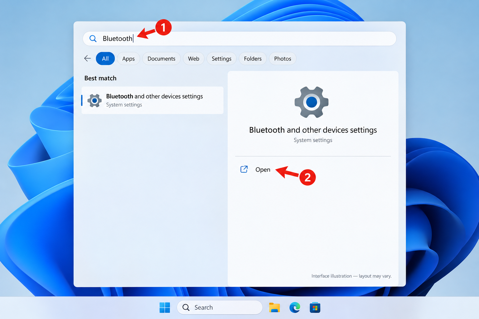 How to Get Help in Windows 11 2 Illustration of Windows 11 Search showing Bluetooth and other devices settings with numbered arrows