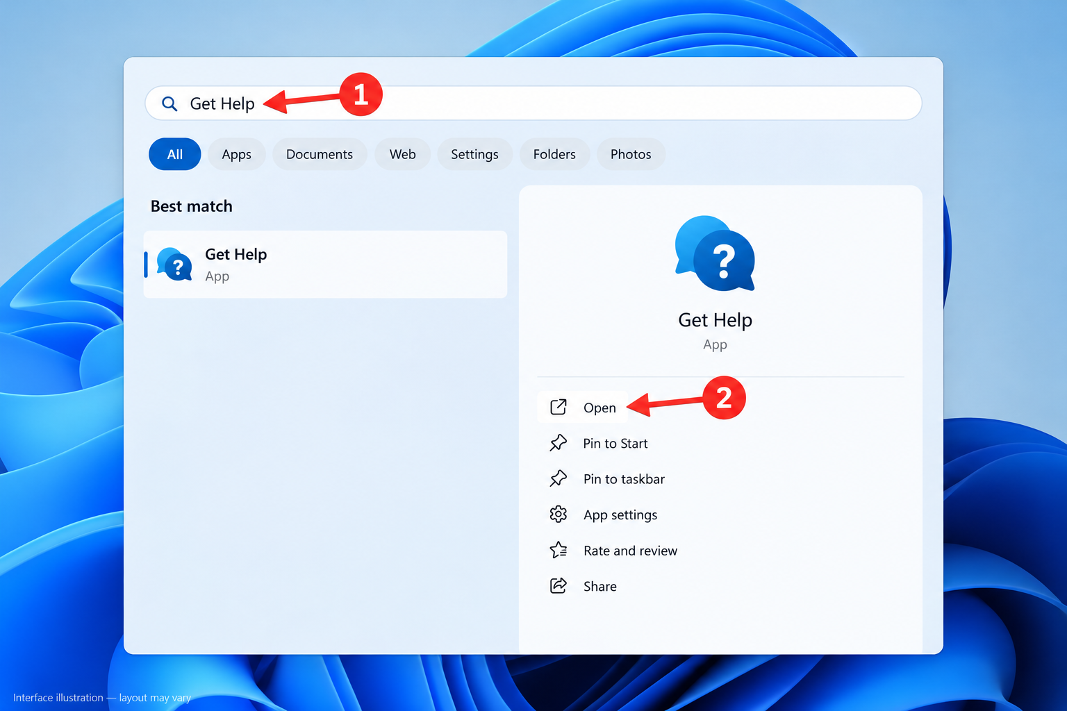 How to Get Help in Windows 11 1 Illustration of Windows 11 Search with arrows pointing to the Get Help query and Open button