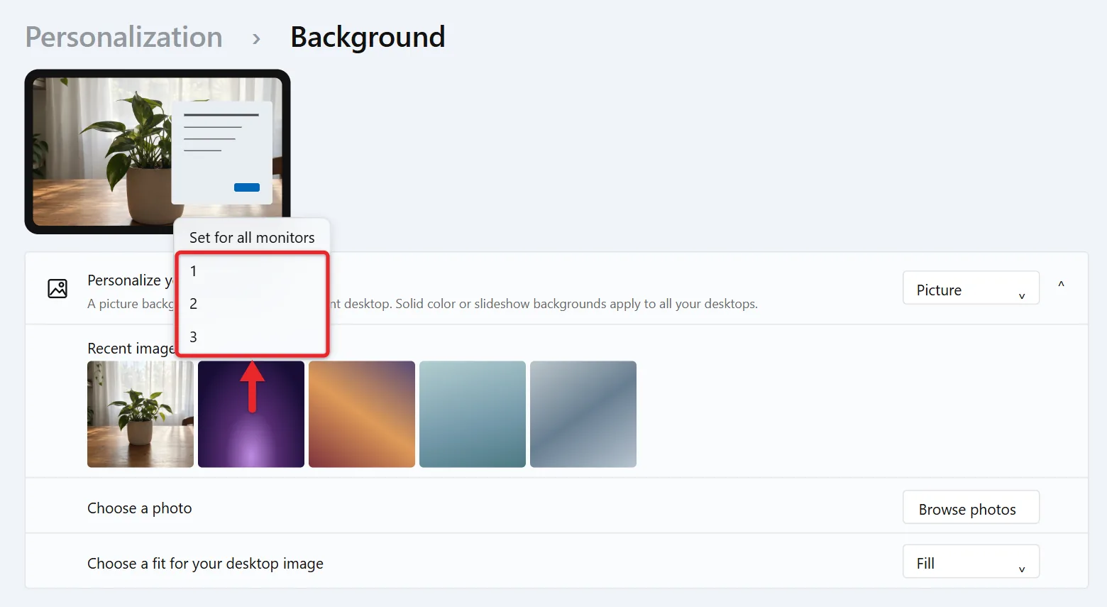 How to Set a Different Background for Each Monitor in Windows 11 1 Windows 11 Background settings with Picture selected and the Recent images menu showing Set for all monitors and numbered monitor choices 1, 2 and 3