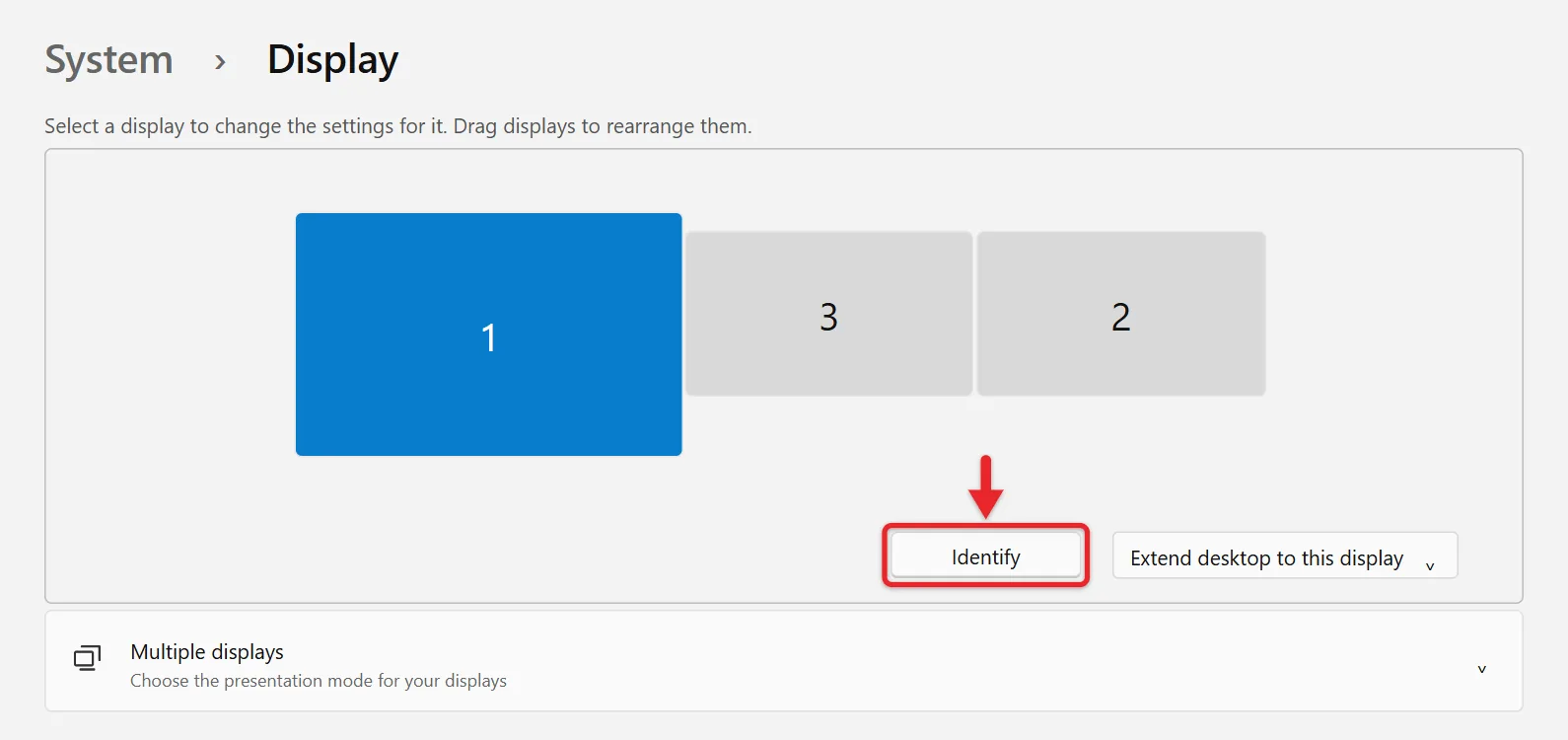 How to Set a Different Background for Each Monitor in Windows 11 3 Windows 11 Display settings showing numbered displays and the Identify button