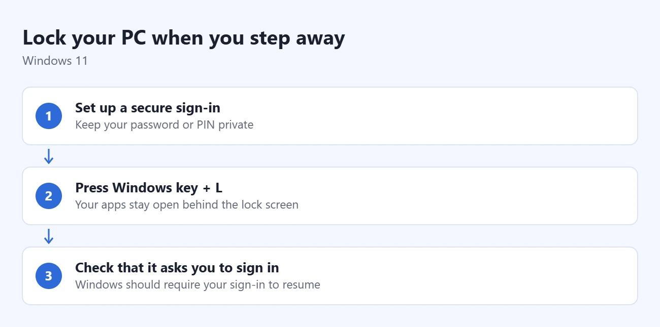 How to Lock or Restrict Apps on a Windows 11 Laptop 1 Steps to lock your PC when you step away: set up a secure sign-in, press Windows key + L, check that it asks you to sign in