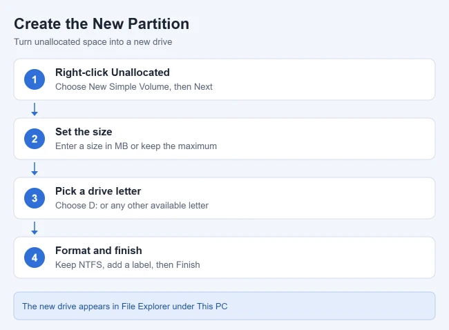 How to Partition a Hard Drive on Windows 11 3 Steps to create a new partition in Windows 11: right-click Unallocated, choose New Simple Volume, set the size, pick a drive letter, format, and finish