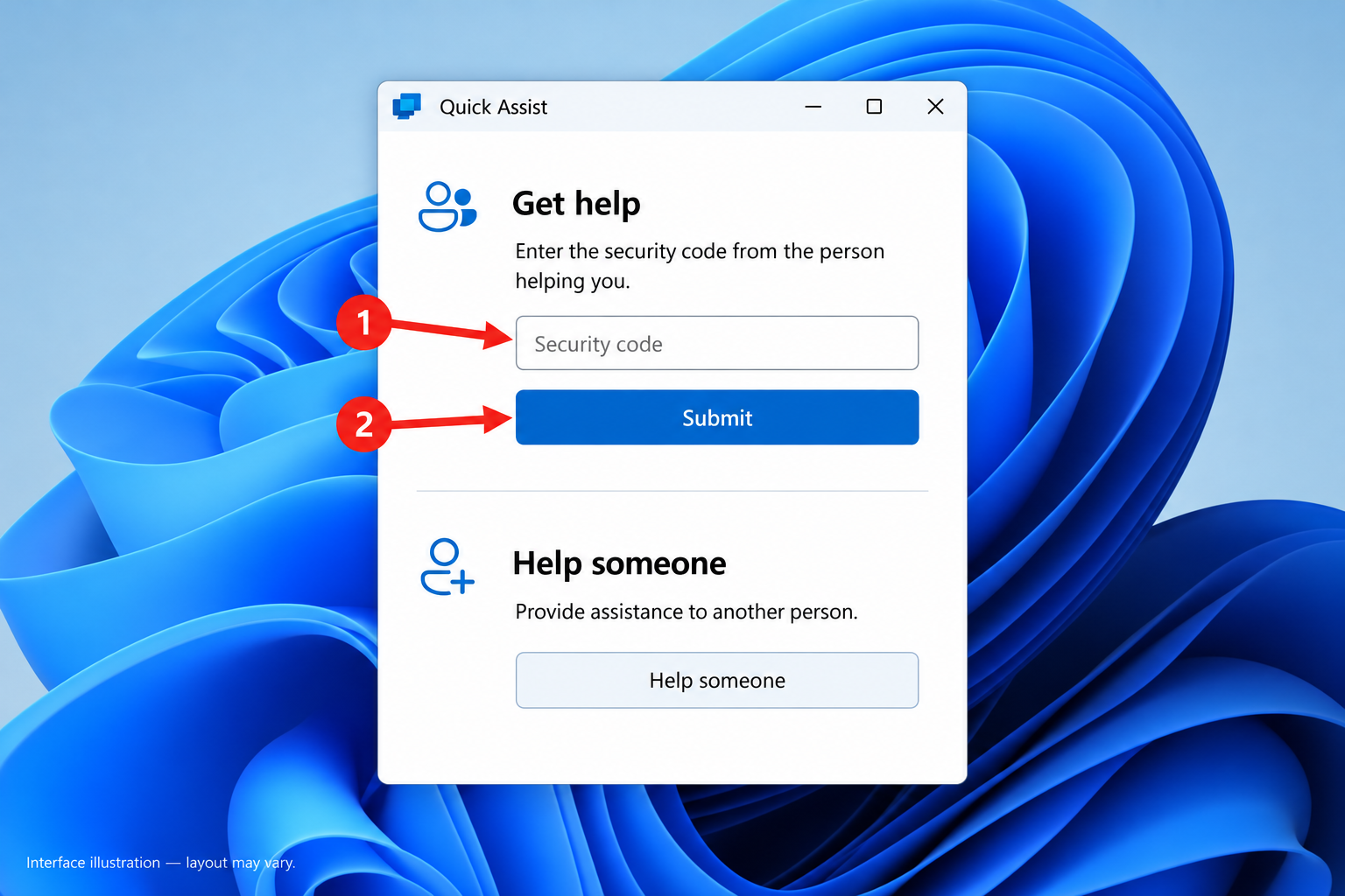 How to Get Help in Windows 11 8 Illustration of Quick Assist with arrows pointing to the security code field and Submit button