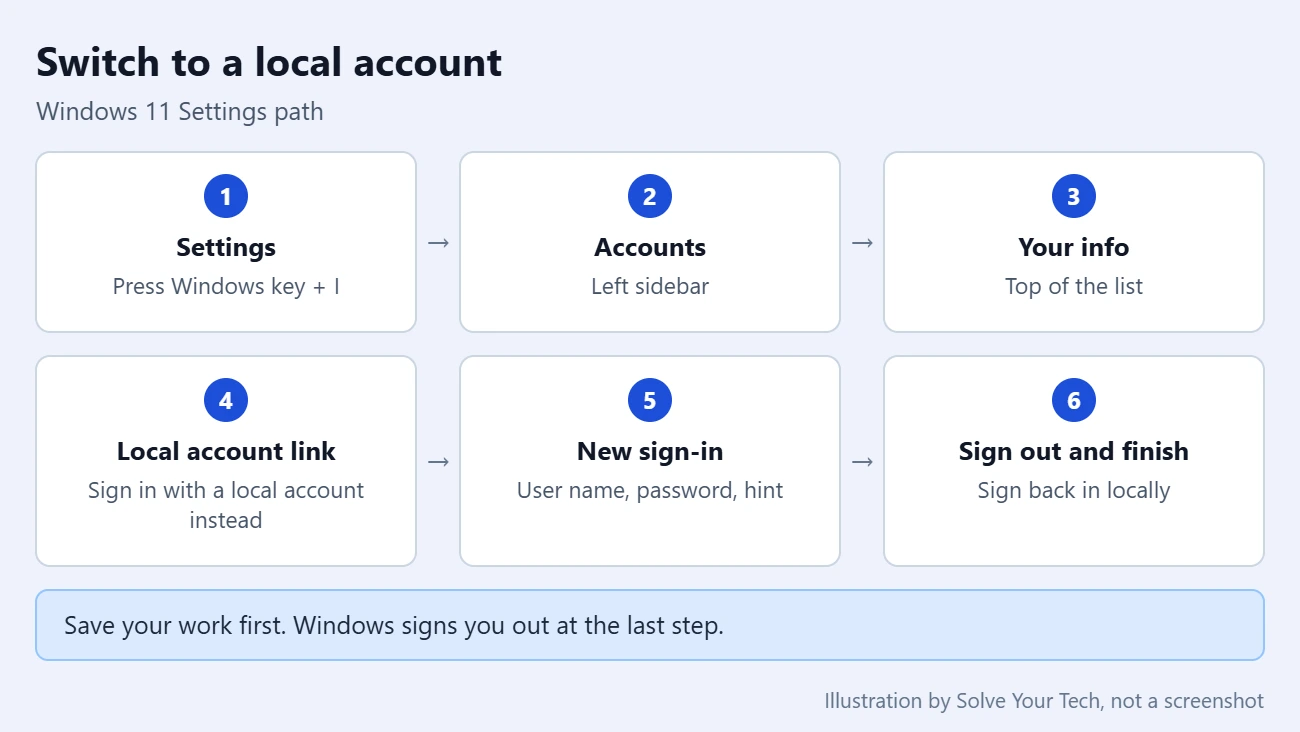 How to Switch to a Local Account in Windows 11 3 Six steps to switch from a Microsoft account to a local account in Windows 11 Settings