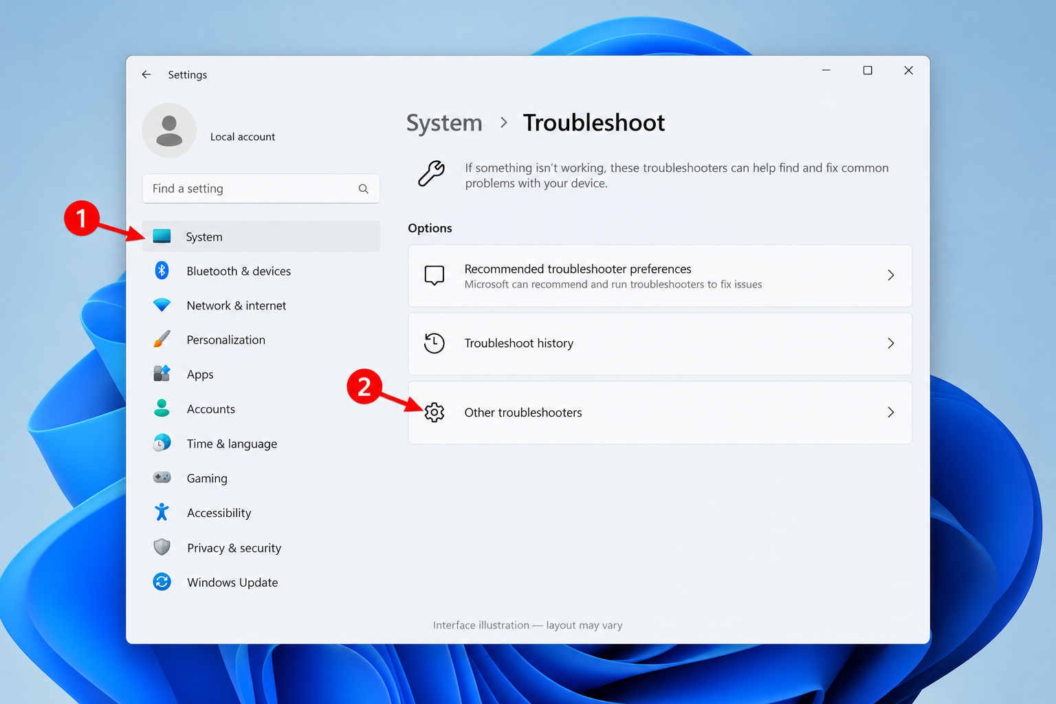 How to Get Help in Windows 11 5 Illustration of Windows 11 Settings with arrows pointing to System and Other troubleshooters