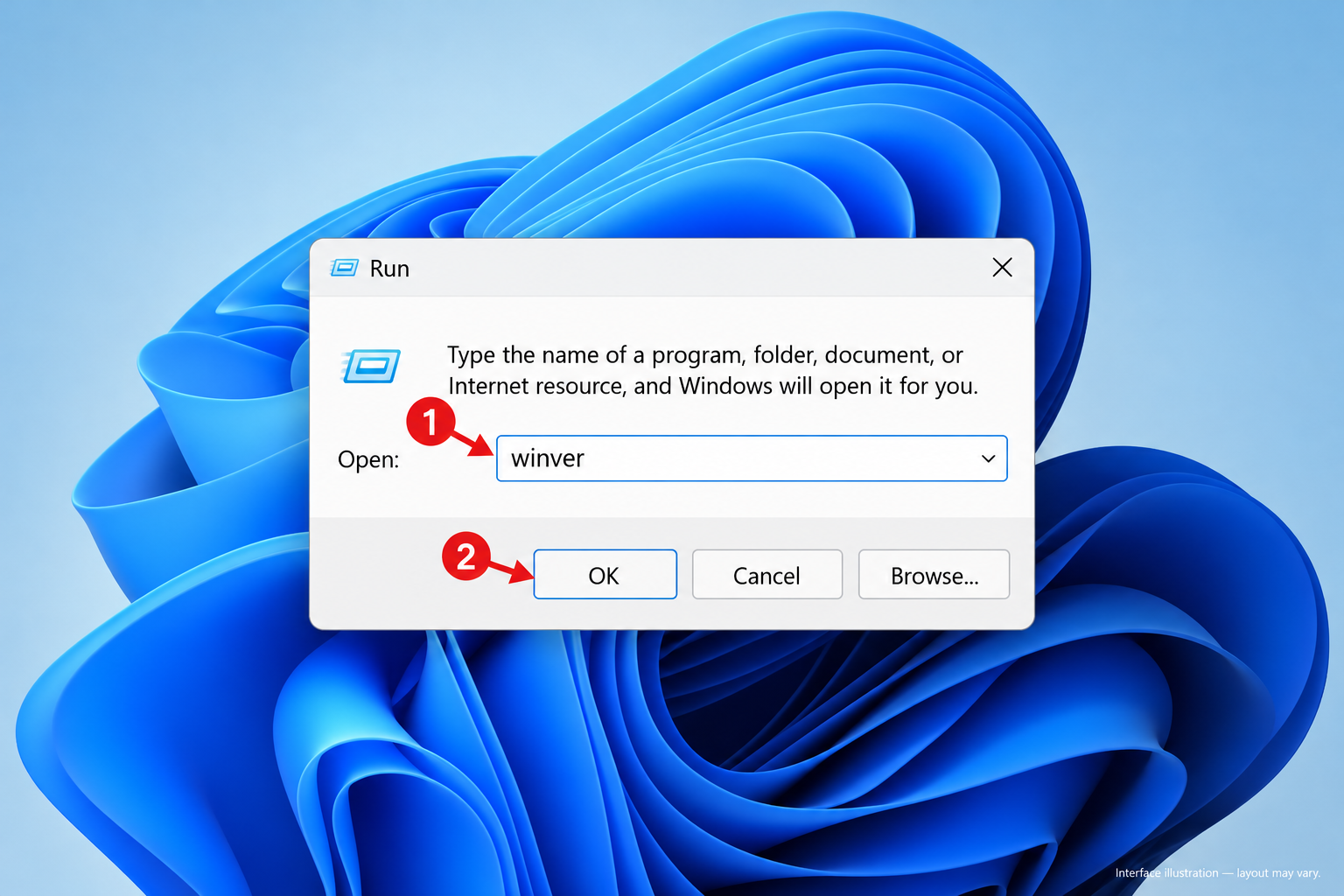 How to Get Help in Windows 11 11 Illustration of the Windows Run dialog with arrows pointing to winver and the OK button