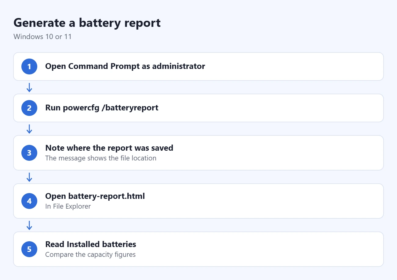 How to Check Battery Health in Windows 10 or 11 1 Steps to generate a battery report: open Command Prompt as administrator, run powercfg /batteryreport, note where the report was saved, open battery-report.html, read Installed batteries