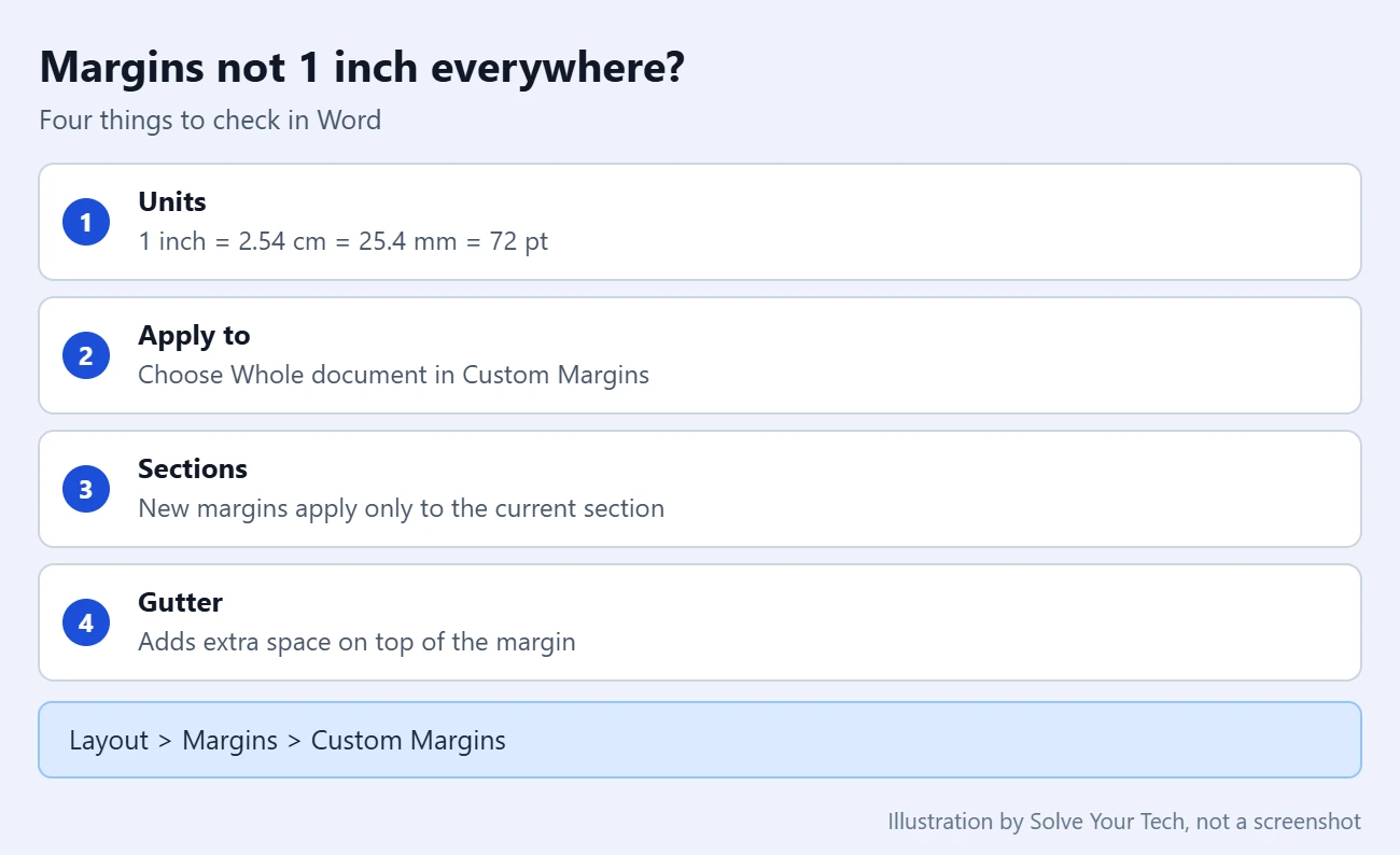 How to Set Word Margins and Create or Use Templates 3 Checklist of four things to check when Word margins are not 1 inch on every page