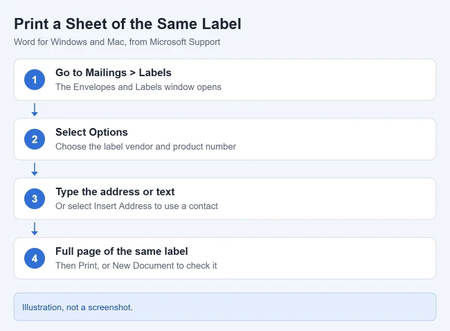 How to Print Labels From Word 2 Illustration of steps to print a sheet of the same label in Word: Mailings, Labels, Options for vendor and product number, type the address, choose Full page of the same label, Print