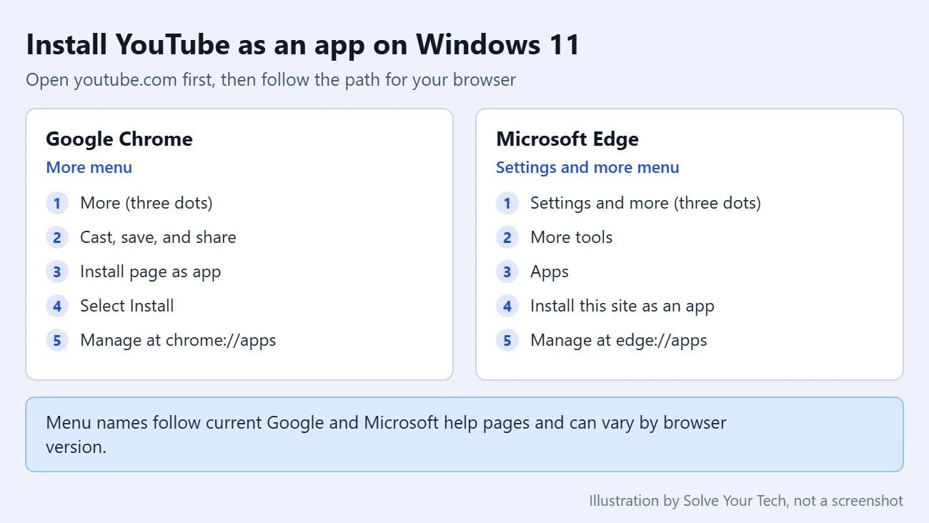 How to Get the YouTube App on Windows 11 1 Comparison card showing the menu path to install YouTube as an app in Chrome and in Microsoft Edge on Windows 11